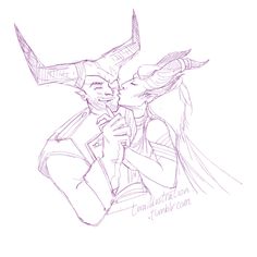 a drawing of two people with horns on their heads, one is kissing the other