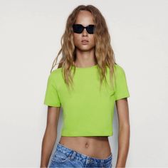 Zara Green Cropped T-Shirt -Size Small- Nwt Round Neckline Short Sleeves Cropped T-Shirt Final Sale No Returns Happy Shopping Poshers !!! Xo Summer Crew Neck Crop Top In Solid Color, Summer Crew Neck Solid Color Crop Top, Casual Cropped Solid Color Tops, Spring Solid Color Crop Top T-shirt, Green Crew Neck Crop Top Casual, Cropped Cotton Solid Color Tops, Spring Solid Color Short Sleeve Crop Top, Green Cropped T-shirt With Short Sleeves For Summer, Spring Short Sleeve Solid Color Crop Top