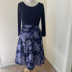 New! Eliza J Sz 10, Blue Metallic Floral Pleated Waist Down Dress. Back Zipper, Matching Waist Sash, Has Pockets And Lined. Elegant Purple Dress With Full Skirt, Purple A-line Dress For Workwear, Purple Full Skirt Dress For Spring, Blue Floral Print Dress With Full Skirt, Purple A-line Midi Dress For Cocktail, Purple A-line Cocktail Midi Dress, Metallic Gold Dress, Chiffon Shift Dress, Beautiful Evening Dresses