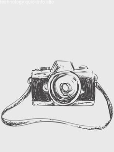 a black and white drawing of a camera on a cord with the lens facing up