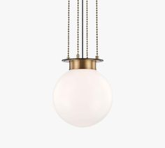 a light fixture with three balls hanging from it's center and two chains on each end