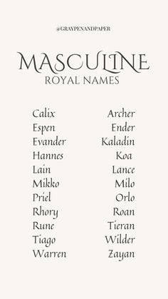 the front cover of mascuine royal names, which are in black and white