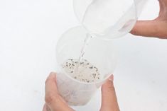 someone pouring something into a plastic cup with dirt on the inside and in the bottom