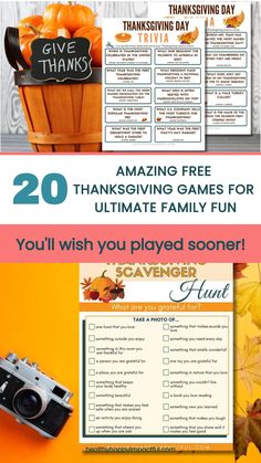 Thanksgiving games and activities flyer featuring trivia, a scavenger hunt, and a "Give Thanks" decoration. Thanksgiving Activity Days Lds, Activity Days Lds, Thanksgiving Day Games, Thanksgiving Family Activities, Tongue Twisters For Kids, Chalk Activities, Thanksgiving Games For Kids, Thanksgiving Facts, Charades Game