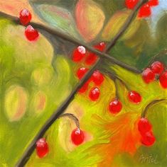 an oil painting of red berries on a tree branch