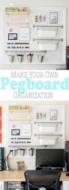 a desk with a computer on it and the words make your own pegboard organization