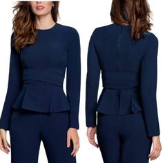 Dress The Population Navy Blue Andreas Long Sleeve Wrap Top Nwt Size 2xs Long Sleeve Zip Closure Peplum Style 97% Polyester 3% Spandex Condition: New With Tags Approximate Measurements (In Inches And Laid Flat): Length: 20 1/2" Pit To Pit 17" Thank You For Checking Out My Closet! Please Let Me Know If You Have Any Questions Ag26 Navy Fitted Tops For Workwear, Navy Chic Fitted Tops, Elegant Fitted Navy Top, Chic Navy Fitted Tops, Blue Fitted Tops For Workwear, Blue Fitted Tops For Work, Navy Fitted Top For Night Out, Elegant Fitted Blue Tops, 60 Dress