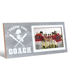 a wooden frame with a baseball team photo and the words thank you coach on it