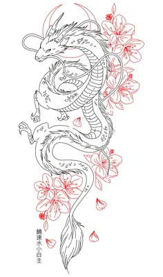 a drawing of a dragon with flowers on it