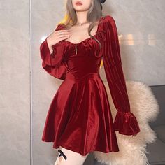 Dress For New Year, Party Mini Dresses, Korean Style Dress, Long Sleeve Velvet Dress, Valentines Day Dresses, Aesthetic Dress, France Vintage, Red Velvet Dress, Korean Fashion Dress