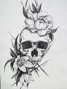 a drawing of a skull with flowers on its head