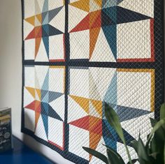 a colorful quilt hanging on the wall next to a potted plant in front of it