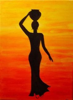 a painting of a woman in silhouette with a hat on her head and an orange background