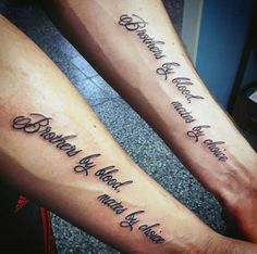 two people with matching tattoos on their legs that say between them is forever and never