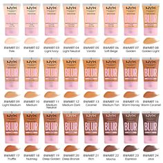 Achieve instantly smooth filter-like blurred skin in 24 diverse shades, formulated to enhance your color and tone. Medium buildable coverage with a matte blurred finish that feels lightweight on skin and provides 12h hydration. Formulated with Glycerin, Matcha and Niacinamide for a skin so smooth, no filter needed! HOW TO Use the Bare With Me Blur Tint Foundation Brush to buff the product all over face for an even streak-free blurred finish. Feel free to layer for fuller coverage. Use a small am Nyx Foundation Shades, Nyx Skin Tint, Nyx Bare With Me Foundation, Nyx Bare With Me Blur, Nyx Blur Foundation, Nyx Bare With Me, Blurring Foundation, Nyx Foundation, Blue Foundation