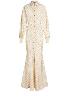 white cotton patterned jacquard signature Pegaso motif gold-tone buttons mermaid silhouette spread collar front button placket long sleeves buttoned cuffs flared hem floor-length Fishtail Gown, Elegant Fashion Outfits, Louis Vuitton Dress, Beautiful Maxi Dresses, Mermaid Gown, Hijab Outfit, Modest Dresses, Business Fashion, Elegant Fashion