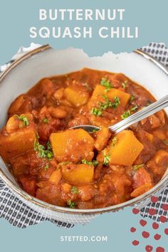 butternut squash chili in a bowl with a spoon