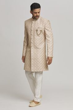 Beige sherwani embellished by sequins on a geometric pattern base. Comes with inner kurta and churidar. - Aza Fashions Formal Sherwani With Mirror Work, Formal Sherwani With Mirror Work For Transitional Season, Formal Transitional Sherwani With Mirror Work, Designer Traditional Wear With Mirror Work For Eid, Formal Sherwani With Mirror Work For Diwali, Designer Sherwani For Eid, Designer Sherwani For Eid And Festive Occasions, Designer Kurta For Eid Reception, Designer Sherwani With Mirror Work And Straight Kurta