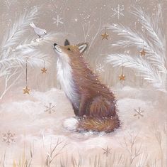 a painting of a fox sitting in the snow with two birds on its back and stars above it