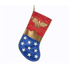 a red, white and blue christmas stocking with the word wonder on it