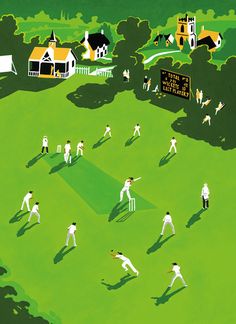 a group of people playing a game of cricket on a green field with houses in the background