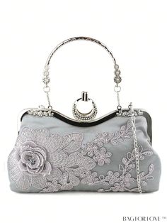 BagForLove - Floral Embroidered Evening Bag with Rhinestone Detail and Chain Strap Silver Embroidered Clutch Bag, Party Embroidered Silver Bag, Embroidered Silver Party Bag, Embroidered Silver Party Bags, Silver Embroidered Party Bags, Grey Bag, Novelty Bags, Flower Embroidery Designs, Word Wrap