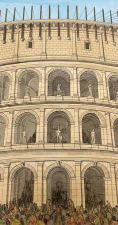 an illustration of a building with people standing around it