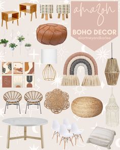 an assortment of boho decor including chairs, tables and lamps