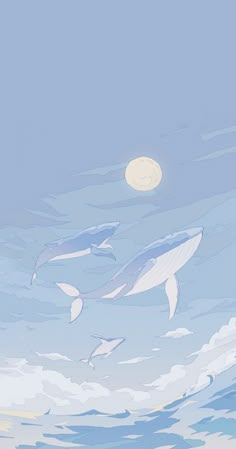 two dolphins swimming in the ocean under a moonlit sky with clouds and blue water