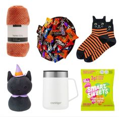 various items that include candy, coffee cup and cat