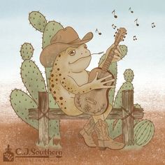 a drawing of a frog sitting on a bench with a guitar in front of cacti