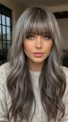 Effortless medium length gray Ideas for Soft Waves with Piecey Bangs ✨ Ashy Brown Hair Color, Bangs Grey Hair, New Mom Hair, Gray Hairstyles With Bangs, Piecey Bangs, Fruit Quotes, Medium Length Hairdos, Grey Hairstyles, Hair Color For Fair Skin