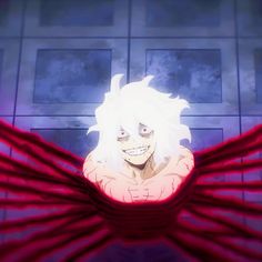 an anime character with white hair and red wings in front of a blue wall,