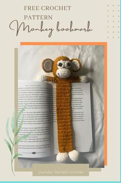 a crocheted monkey bookmark with an open book in the background and text overlay that reads, free crochet pattern