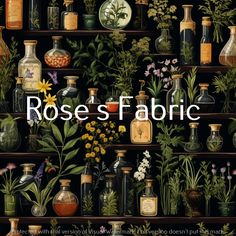 the cover of rose's fabric featuring various vases and flowers on shelves with text overlay