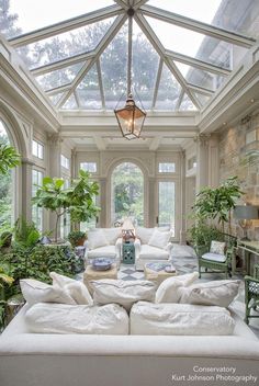 a living room filled with lots of furniture and plants on top of it's walls