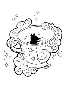 a black and white drawing of a cup of tea with stars around it, on a white background