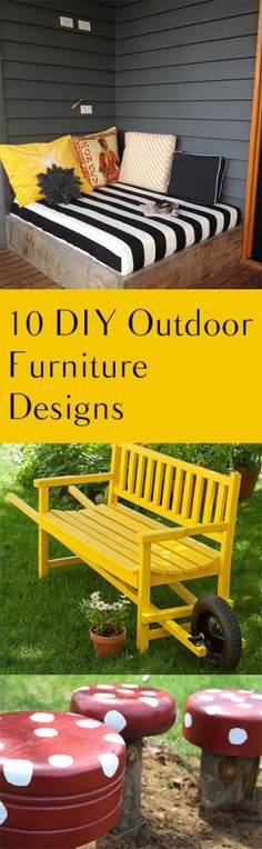 the diy outdoor furniture is painted yellow and red with polka dot dots on it