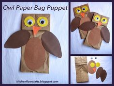 an owl paper bag puppet made from brown paper