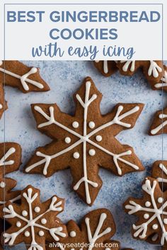 the best gingerbread cookies with easy icing on a blue background and text overlay that reads, best gingerbread cookies with easy icing