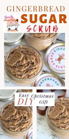 gingerbread sugar scrub recipe in glass jars with text overlay that reads easy christmas gift