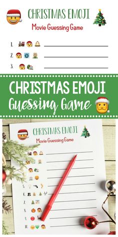 christmas emoji guess game on a table next to a red pen and pencil