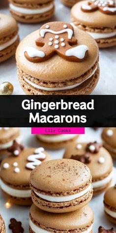 gingerbread macarons with white frosting and chocolate chips on top are shown