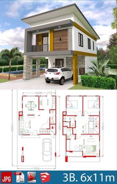 two story house plan with 3 bedroom and 2 bathrooms in the same area, it is very