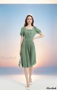 Olivia Mark - Short Sleeve Bubble Sleeve Waist Dress with Square Neck Tea-Length Dress Dress With Square Neck, High Waist Dress, Bubble Sleeve, Sleeves Clothing, Tea Length Dresses, Tea Length, Cover Up Dress, Waist Dress, Types Of Skirts