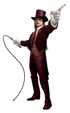 a man in a suit and top hat holding a whip