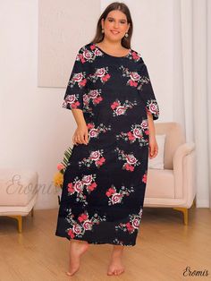 Eromis - Womens Plus Size Casual Lounge Dress - Floral Print, Three Quarter Sleeve, Round Neck, Loose Nightdress Spring Printed Dress, Black Bedtime Dress For Spring, Black Summer Dress For Sleepover, Black Summer Dress For Sleepovers, Black Spring Dress For Bedtime, Short Sleeve Floral Sleep Dresses, Short Sleeve Floral Print Sleep Dresses, Casual Long Sleeve Nightgown With Floral Print, Casual Long Sleeve Floral Print Nightgown