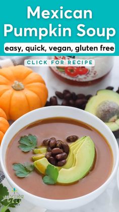 mexican pumpkin soup in a white bowl with avocado and black beans on the side