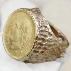 This is the perfect option for those who like cool, unique jewelry and the luxury, shine of gold. This ring is well made, cute and/or elegant in design, and very desirable. The size of the ring is 8. 14K gold coin ring with a genuine 22k 5 ''Cinco pesos M 1955 '' coin. ♥ The weight is about 14.5 g. Everyone interested in the jewelry should remember that he or she must like their jewelry- not just at first sight.... but for always. To have it and to hold; to love and to cherish ... This item is p Hammered Gold Signet Ring In 14k, Gold Hammered Signet Ring, 14k Stamped Yellow Gold Coin Ring, Vintage 14k Gold Coin Ring, 14k Gold Nugget Ring Gift, Hammered 14k Gold Signet Ring, Yellow Gold Nugget Signet Ring Gift, Yellow Gold Nugget Signet Ring, Unique 14k Stamped Gold Jewelry