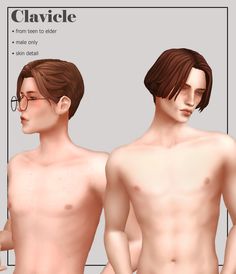 the male body is shown in three different poses, including one with glasses and no shirt